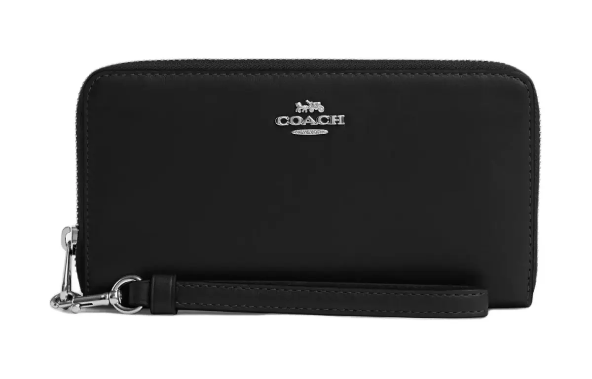COACH Zip Around Calfskin Wallet Women's Silver & Black