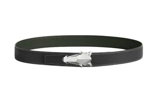HERMES Destrier Palladium Plated Metal, Calfskin Leather Belts Men's Width 3.2cm