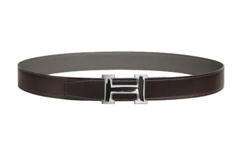 HERMES Palladium Plated Metal, Calfskin Leather Belts Men's Width 3.2cm