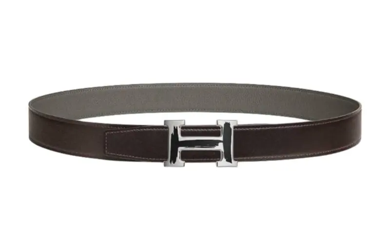 HERMES Palladium Plated Metal, Calfskin Leather Belts Men's Width 3.2cm