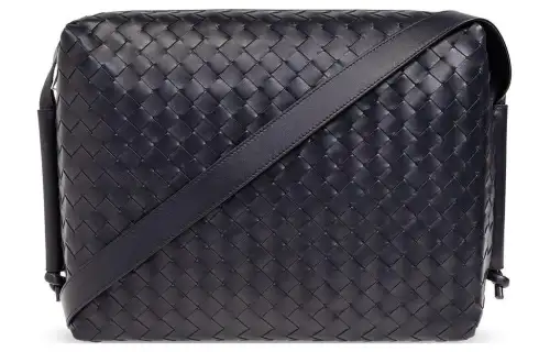 Bottega Veneta Intrecciato Calfskin With Canvas Crossbody Bag, Shoulder Bag Men's Dark Blue