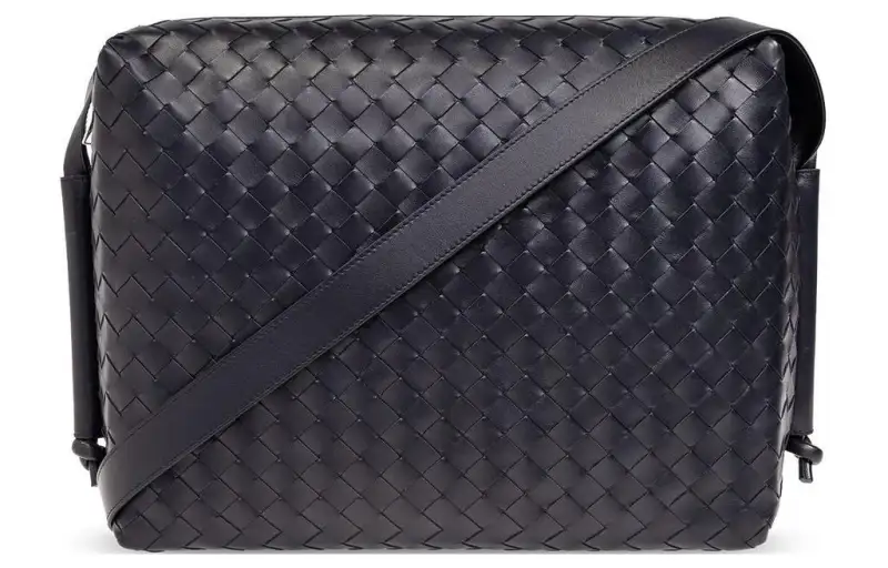 Bottega Veneta Intrecciato Calfskin With Canvas Crossbody Bag, Shoulder Bag Men's Dark Blue