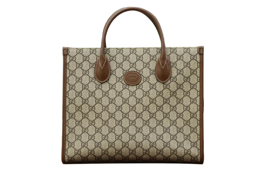 GUCCI Canvas With Leather Tote Shopping Bag, Shoulder Bag, Crossbody Bag, Handbag Small Unisex Ebony/Brown