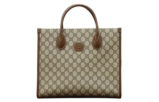 GUCCI Canvas With Leather Tote Shopping Bag, Shoulder Bag, Crossbody Bag, Handbag Small Unisex Ebony/Brown