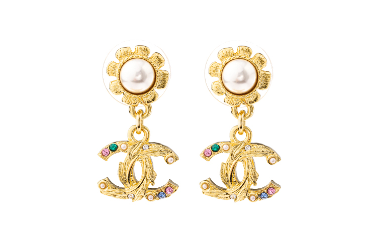 Chanel 2022 Cc Plated Faux Pearl and Rhinestone Swing Push Back Earrings costume earrings