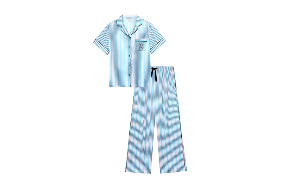 Victoria's Secret Pajama Set Women's Light Aqua Blue Stripes