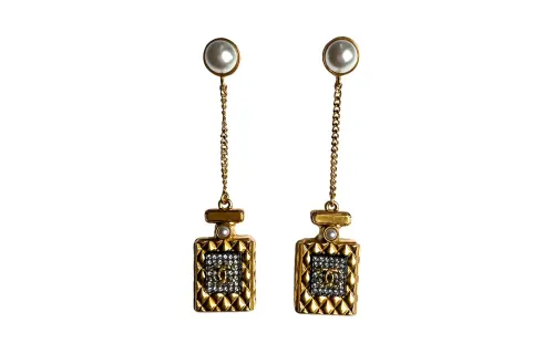 Chanel, perfume, bottle, golden earrings