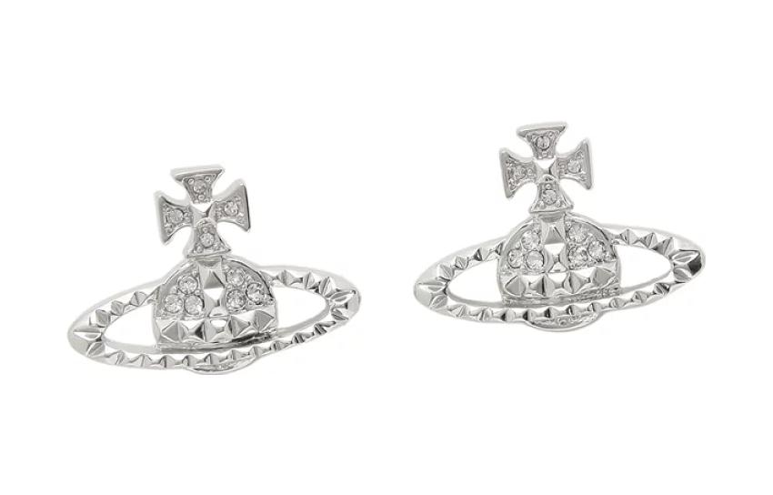 Vivienne Westwood Mayfair Bas Relief Classic Rivet Planet Relief Brass Crystal Earrings Women's Silver