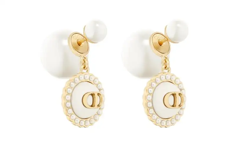 DIOR Resin Pearl, Metal, Glass Earrings Women's Gold/White