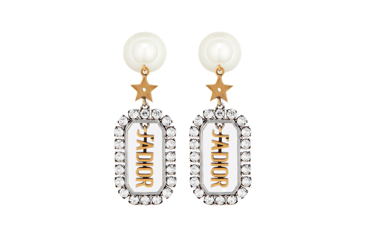DIOR White Faux Crystal, White Resin Bead Ornament, Palladium Plated Metal Earrings Women's
