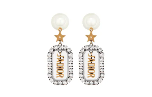 DIOR White Faux Crystal, White Resin Bead Ornament, Palladium Plated Metal Earrings Women's