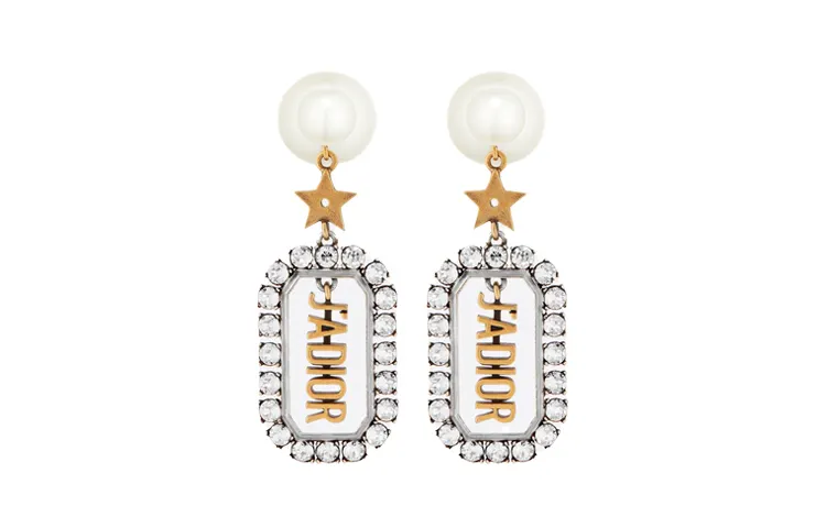 DIOR White Faux Crystal, White Resin Bead Ornament, Palladium Plated Metal Earrings Women's