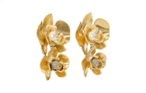 Jimmy Choo PETAL DOUBLE EARRING Series Double Flower Design Pearl Crystal Brass Earrings Women's Gold