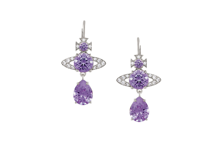 Vivienne Westwood The Queen Mother Ismene Polished Frame Brass Cubic Zirconia Earrings Unisex Couple Style Purple