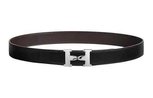 HERMES H Twist Calfskin, Palladium Plated Metal Leather Belts Men's Black Width 3.2cm