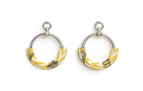 HERMES Patterned Print Metal, Calfskin, Palladium Plated Earrings Women's Yellow