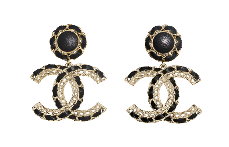 Chanel 2022 Cc Gold Plated Leather Woven Drop Push Back Earrings costume earrings