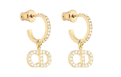 DIOR Metallic White Crystal Earrings Women's Gold
