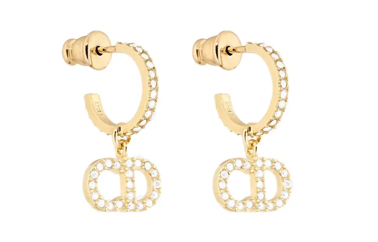 DIOR Metallic White Crystal Earrings Women's Gold