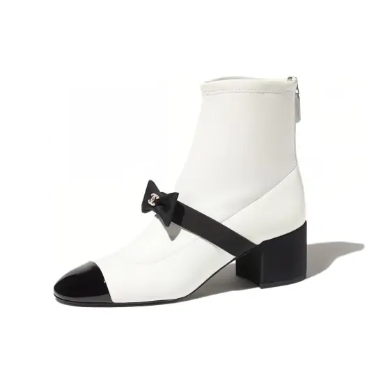 CHANEL 55mm Bow Ankle Boots White Stretch Lambskin Women's