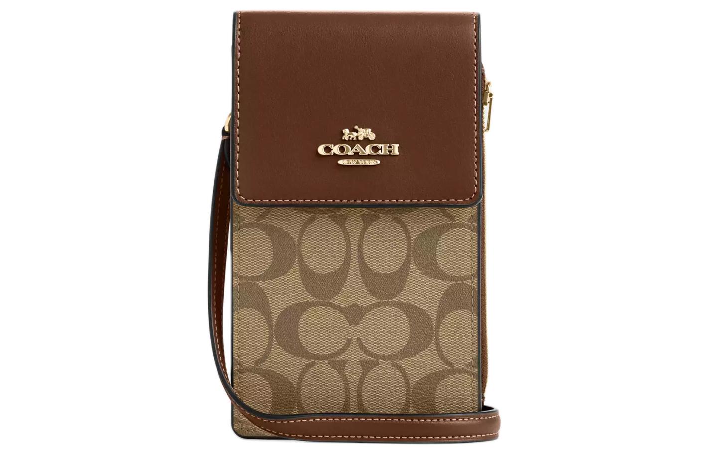COACH Coach N/S 11 Classic Presbyopia Snap Card Slot Compartment Shoulder Bag Coated Canvas and Smooth Leather Crossbody Bag Mobile Phone Bag Mini Women’s Gold and Khaki Saddle