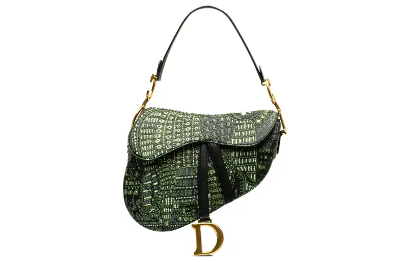 DIOR Saddle Leather Saddle Bag, One Shoulder Handbag Women's Black & Green