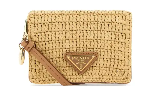 PRADA Raffia With Leather One Shoulder Crossbody Card Holder Women's Beige