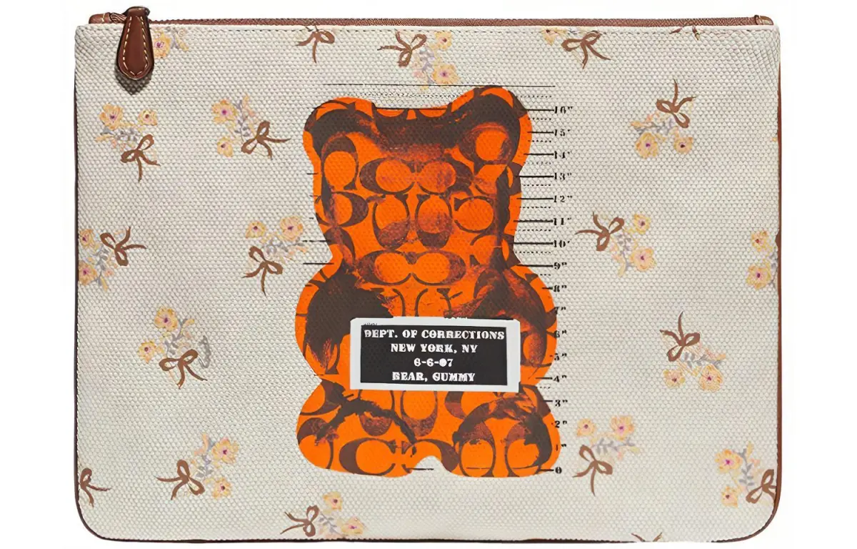 COACH X Vandal Gummy Bear Collaboration Wristlet Pebbled Leather Document Bag Clutch Large Women's Beige Orange