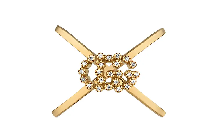 GUCCI Pre Owned 18K Yellow Gold Double G Diamond Ring