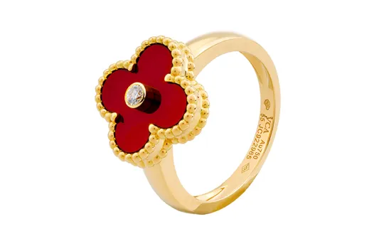 Van Cleef & Arpels 2010s 18K yellow gold Alhambra diamond and malachite ring