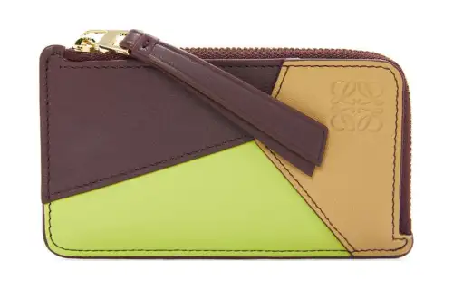 LOEWE Puzzle Calfskin Card Holder Women's Sahara & Burgundy & Fennel