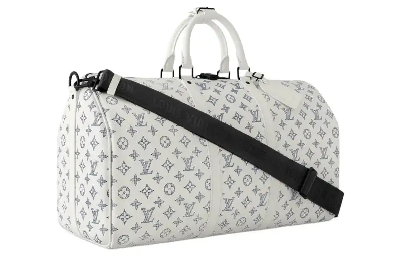 LOUIS VUITTON Keepall Coated Canvas With Leather One Shoulder Crossbody Handheld Travel Bag Men's White & Marine