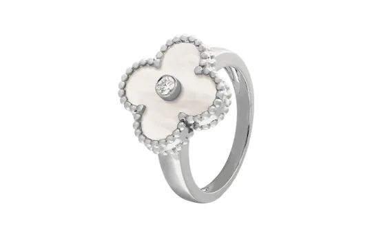 Van Cleef & Arpels Alhambra 18K Gold Diamond Mother Of Pearl Rings Unisex White Gold