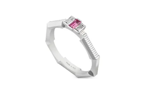 GUCCI Link To Love Series 18K White Gold, Tourmaline, Diamond Approx. 0.16 Carat Rings Unisex Silver