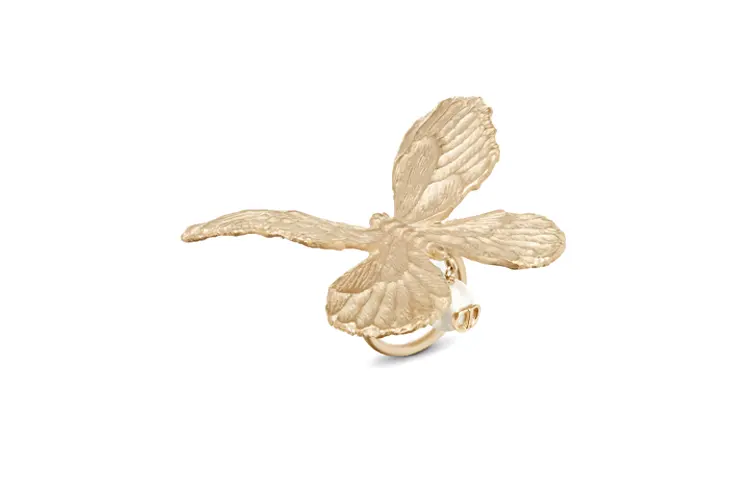 DIOR Resin Pearl Metal Rings Women's Gold