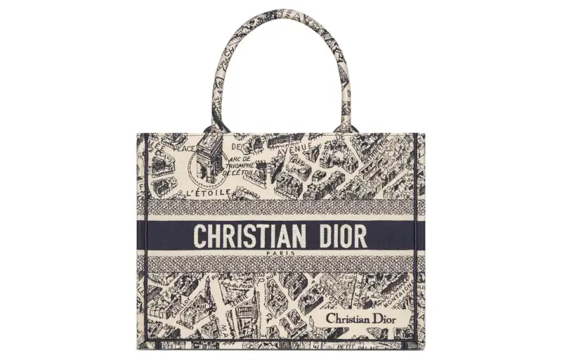 DIOR BookTote Embroidery Tote Bag, Shopping Bag, Handbag Medium Women's Beige & Marine Blue