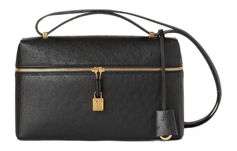 Loro Piana Extra Bag Ostrich Leather Shoulder Bag, Crossbody Bag Women's Black