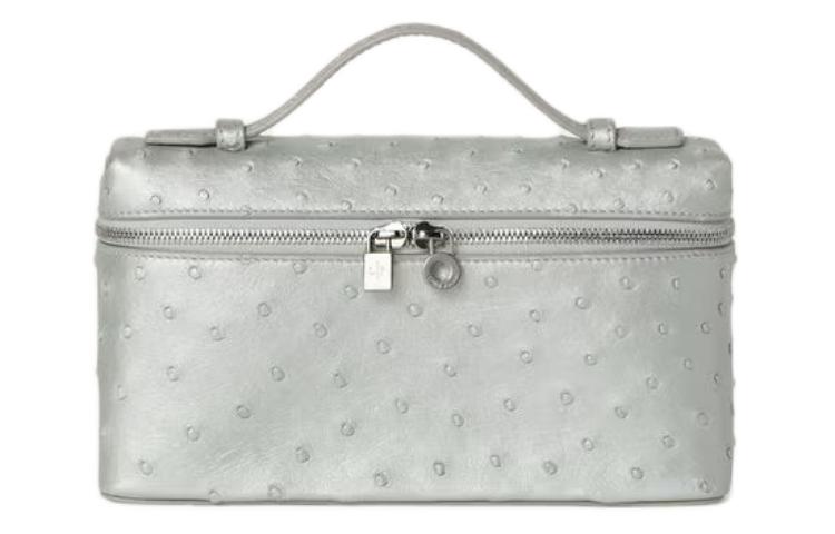 Loro Piana Ostrich Leather One Shoulder Handbag Women's Silver