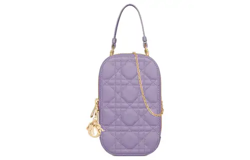 DIOR Lady Dior Lambskin Portable One Shoulder Crossbody Cell Phone Pouch Women's Light Purple