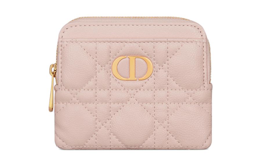 DIOR Caro Soft Wicker Pattern Calfskin Wallet Women's Light Pink