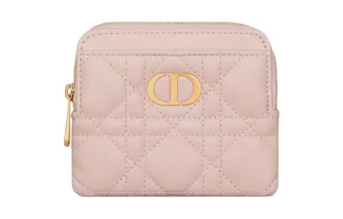 DIOR Caro Soft Wicker Pattern Calfskin Wallet Women's Light Pink
