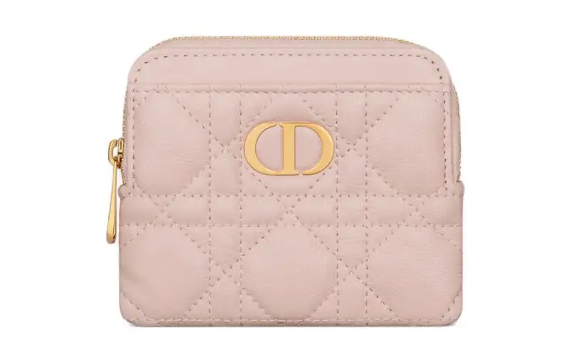 DIOR Caro Soft Wicker Pattern Calfskin Wallet Women's Light Pink