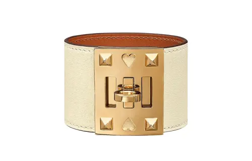 HERMES Calfskin, Gold Plated Metal Bangles Women's Ecru