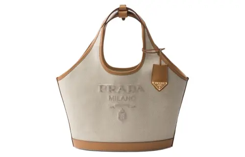 PRADA Linen Blend With Leather Tote Bag, Shopping Bag, Handbag Medium Women's Beige & Light Brown