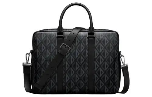 DIOR Pattern Canvas With Grain Cow Leather One Shoulder Crossbody Handheld Briefcase Men's Black