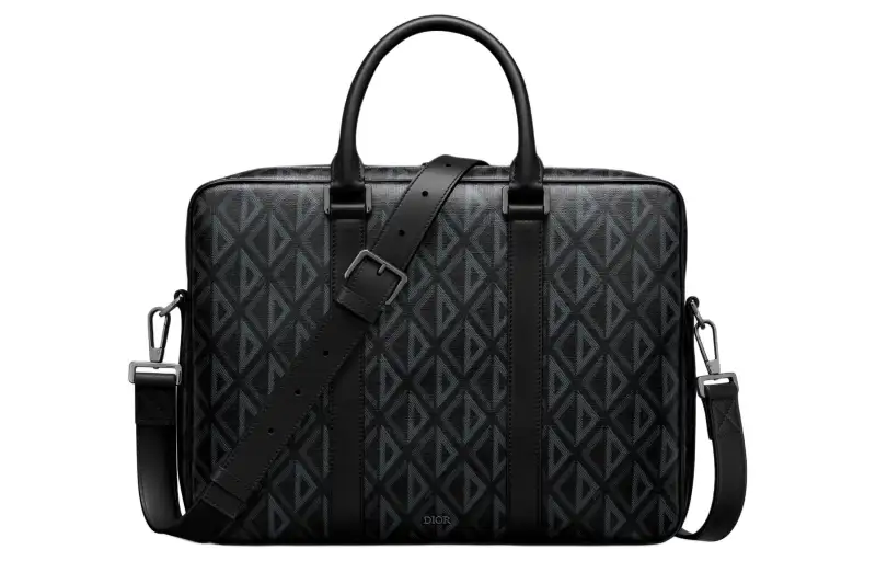 DIOR Pattern Canvas With Grain Cow Leather One Shoulder Crossbody Handheld Briefcase Men's Black