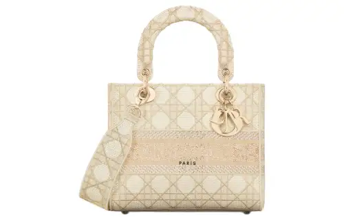 DIOR Lady D Lite Wicker Pattern Embroidery Shoulder Bag, Crossbody Bag, Handbag Medium Women's Light Gold