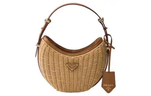 PRADA Arque Woven Fabric With Leather Handbag Women's Light Brown