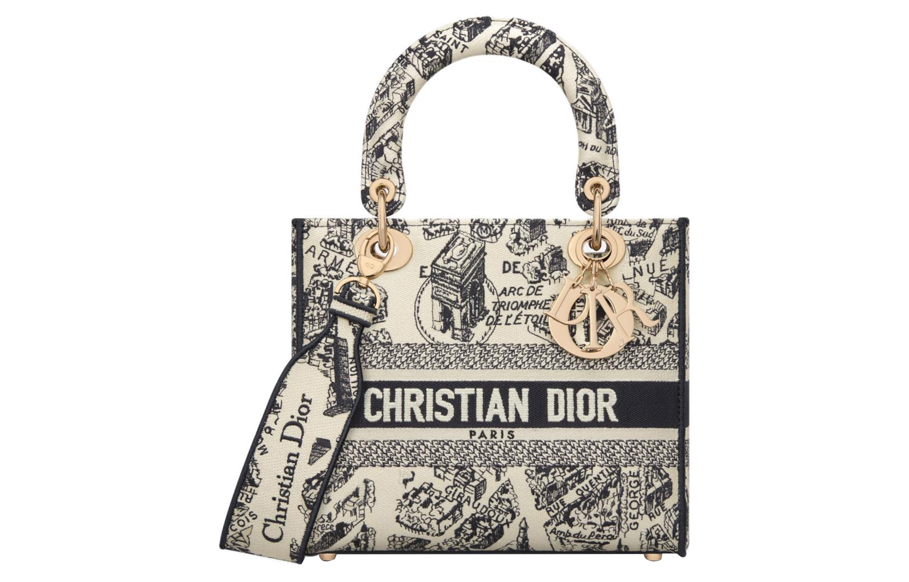DIOR Dior Lady D-Lite light gold finish metal charm Plan de Paris Paris map embroidery Princess Diana bag shoulder crossbody handbag medium size women's beige and navy blue