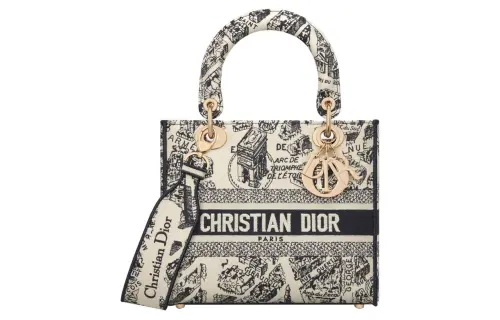 DIOR Lady D Lite Embroidery Handbag, Shoulder Bag, Crossbody Bag, Handbag Medium Women's Beige & Marine Blue